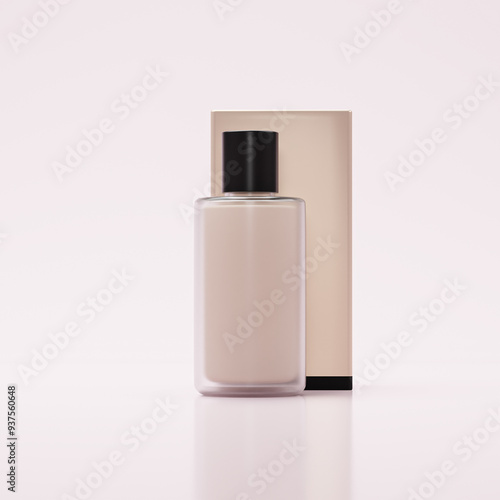 Cosmetic glass bottle with a black cap, standing on a white backdrop. The background features a faded pink gradient, giving the image a luxurious and vibrant appearance.