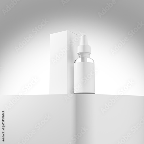 white dropper bottle with a blank label, paired with a matching white box. The items are placed on an elevated surface with a smooth gradient background, creating a minimalist and modern look.