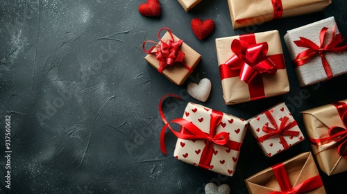 Festive Gift Boxes with Red Ribbons on Dark Background