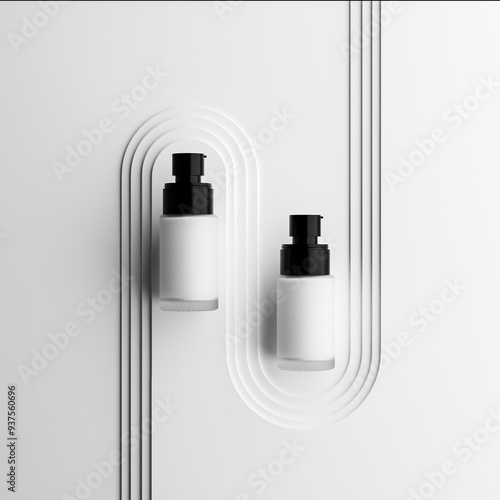 Two Matte Frosted Glass Pump Bottles with Black Caps on Abstract White Embossed Surface for mockup template