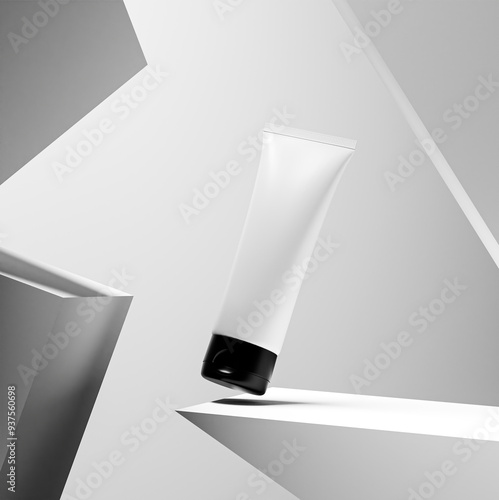 White Cosmetic Tube in Arched Niche , Vertical  Background in Modern Monochromatic Product Display