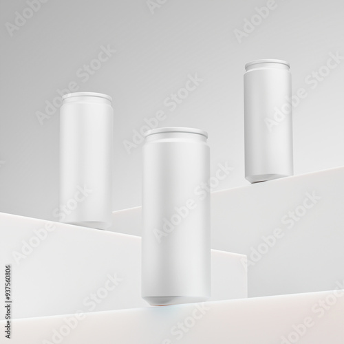 Three Pristine White Beverage Cans Gracefully sitting Above a Series of Illuminated Geometric Platforms, Creating a Surreal and Futuristic Floating Display in a Minimalist Dreamscape