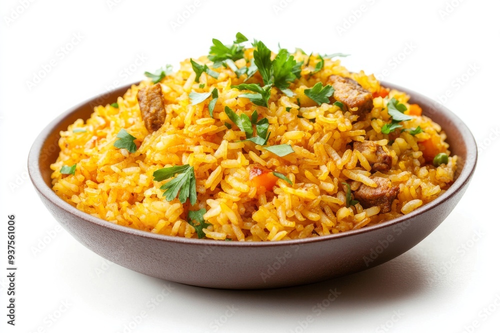 Mutton Fried Rice, Made with tender pieces of mutton, this fried rice is rich and flavorful, often spiced with turmeric, ginger, and coriander. isolated on white background Mutton Fried Rice, Made with tender pieces of mutton, this fried rice is rich and flavorful, often spiced with turmeric, ginger, and coriander. isolated on white background