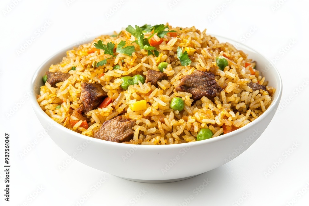 Mutton Fried Rice, Made with tender pieces of mutton, this fried rice is rich and flavorful, often spiced with turmeric, ginger, and coriander. isolated on white background Mutton Fried Rice, Made with tender pieces of mutton, this fried rice is rich and flavorful, often spiced with turmeric, ginger, and coriander. isolated on white background