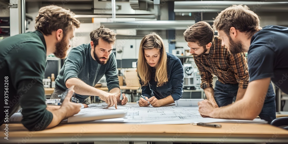 Team of Engineers Working on Blueprint in Industrial Workshop Team of Engineers Working on Blueprint in Industrial Workshop