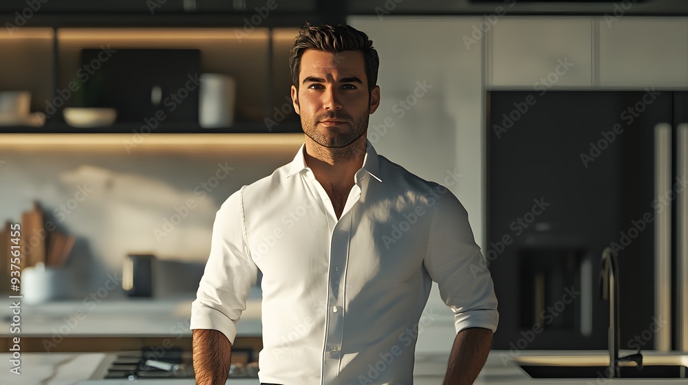 Fototapeta premium Man in White Button-Up Shirt: A man in a white button-up shirt, with rolled-up sleeves, standing confidently in a modern kitchen. --ar 16:9 