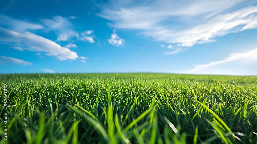 Obraz premium Idyllic Meadow with Lush Green Grass and Beautiful Blue Sky Landscape