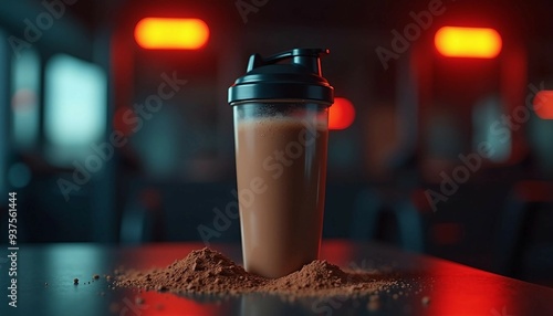 A shaker bottle filled with a chocolate vegan protein shake sits beside a scoop of powder on a glossy table, with a blurry gym background and dim light.	
 photo