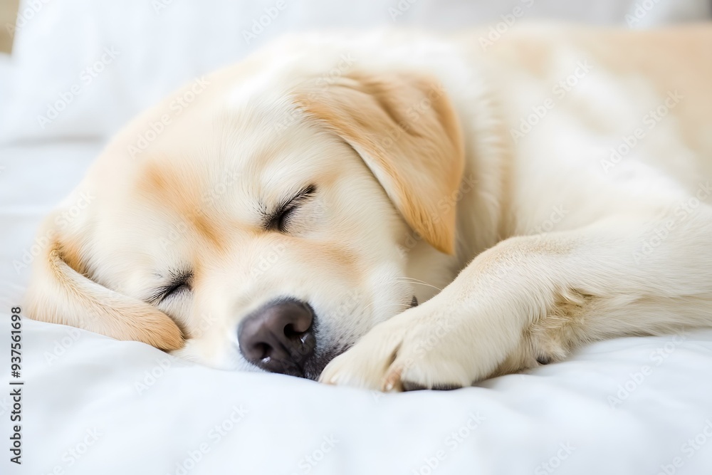 Obraz premium Golden Retriever Puppy Sleeping on White Bed