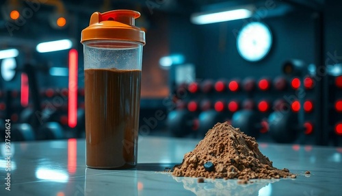 A shaker bottle filled with a chocolate vegan protein shake sits beside a scoop of powder on a glossy table, with a blurry gym background and dim light.	
 photo