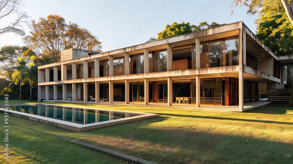 Modern Concrete House with Swimming Pool and Lush Greenery Modern Concrete House with Swimming Pool and Lush Greenery