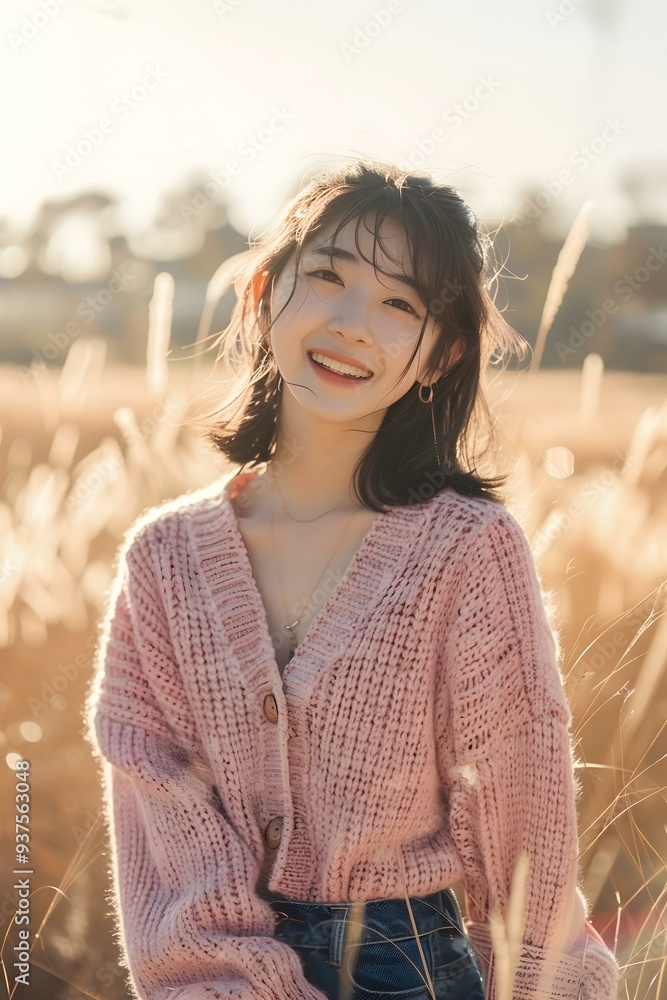 Smiling Asian Woman in a Pink Sweater Standing in a Field of Grass Smiling Asian Woman in a Pink Sweater Standing in a Field of Grass
