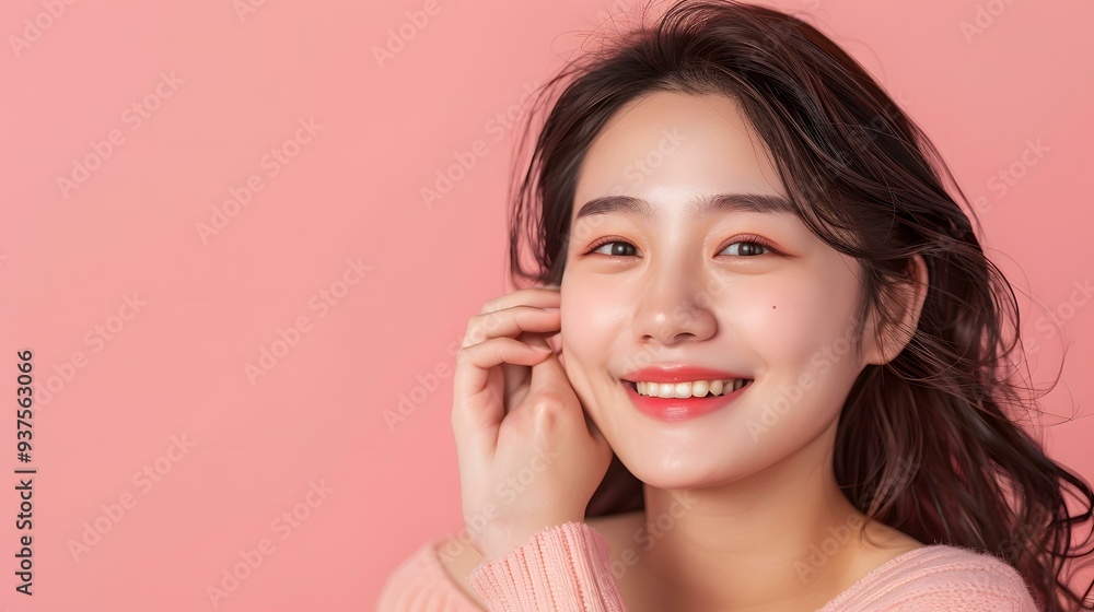 Beautiful Asian Woman Smiling in Pink Studio Beautiful Asian Woman Smiling in Pink Studio