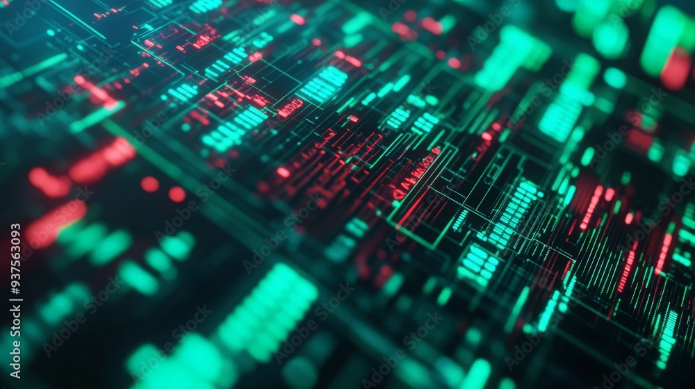 Closeup of a digital data network with abstract circuit board patterns in red and green lights, representing technology and cyber security. Closeup of a digital data network with abstract circuit board patterns in red and green lights, representing technology and cyber security.