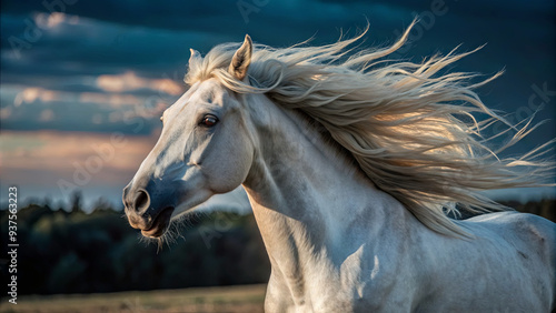 Wallpaper Mural A magnificent white horse gallops freely across an open field, its flowing mane dancing in the wind as the vibrant colors of sunset illuminate the backdrop Torontodigital.ca