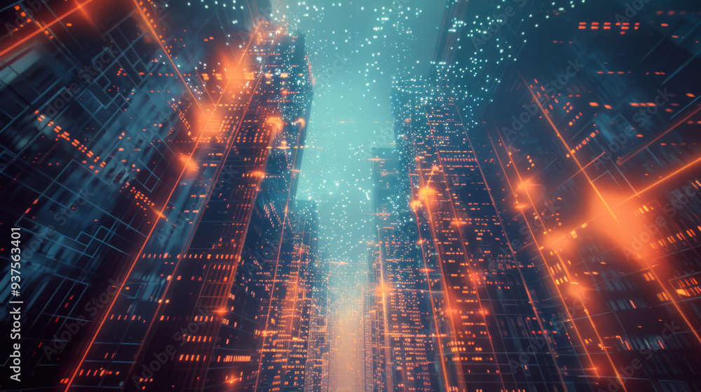 Fototapeta premium A cityscape with a bright blue sky and a lot of lights. The city is filled with buildings and the sky is filled with a lot of lights. Scene is energetic and lively.