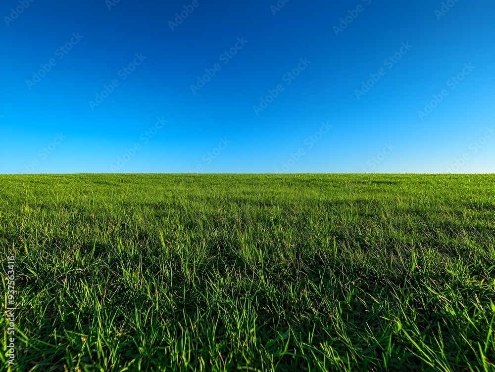 Expansive Green Meadow Under Clear Blue Sky in Serene Countryside Landscape Expansive Green Meadow Under Clear Blue Sky in Serene Countryside Landscape
