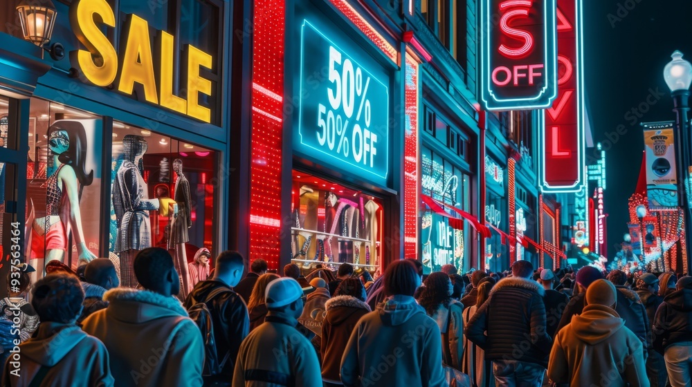 Fototapeta premium Bustling Night Market with Neon Signs and Shoppers