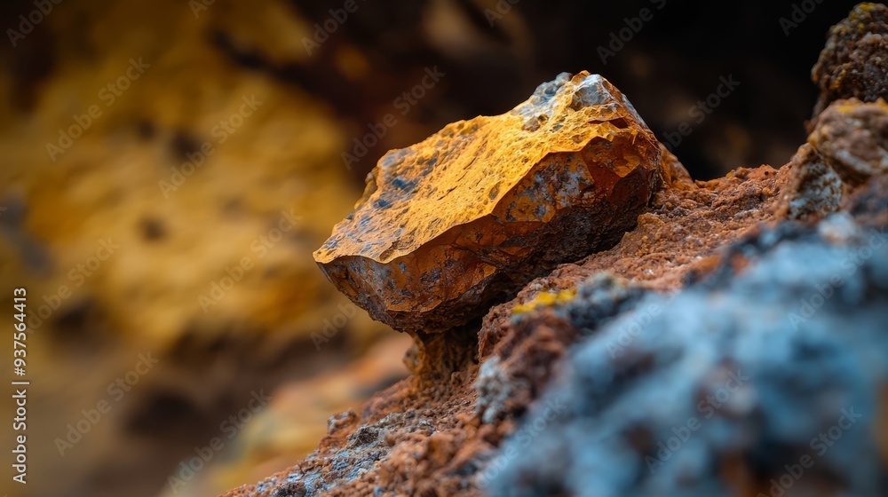 A tight shot of a rock revealing a yellow and blue core, encircled by a yellow center A tight shot of a rock revealing a yellow and blue core, encircled by a yellow center