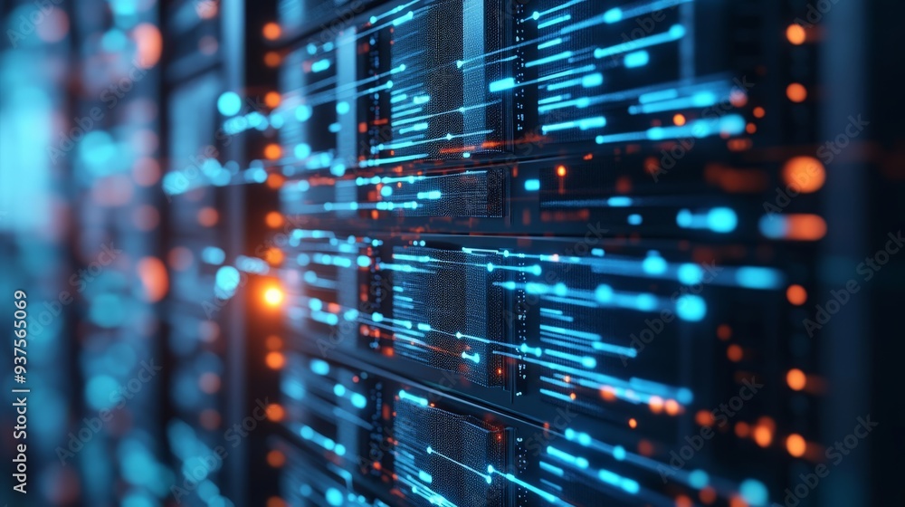 Close-up of server rack with glowing data cables representing network connections, data flow, and digital communication in a modern datacenter. Close-up of server rack with glowing data cables representing network connections, data flow, and digital communication in a modern datacenter.