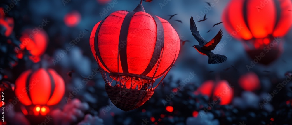 A flock of birds flies next to a red lantern in the evening sky, with one bird accompanying it A flock of birds flies next to a red lantern in the evening sky, with one bird accompanying it