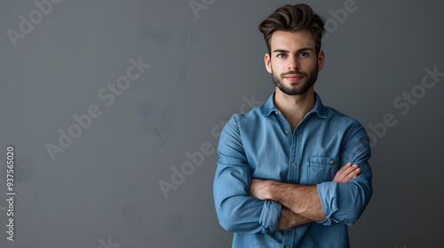 Modern Businessman (Casual): Modern businessman in a casual blue shirt standing with crossed 