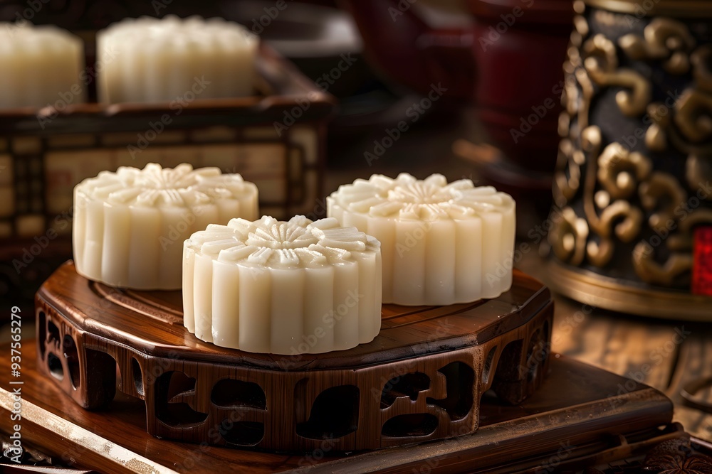 Closeup of Three Delicious Chinese Moon Cakes on a Wooden Stand Closeup of Three Delicious Chinese Moon Cakes on a Wooden Stand