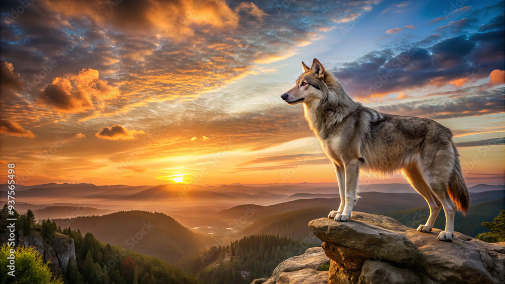 Naklejka premium As the sun sets over the distant mountains, a solitary wolf perches on a rock, surveying the expansive landscape filled with vibrant colors and shadows