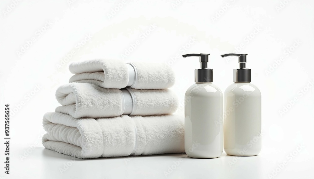 luxury hotel towels neatly stacked, with plush white texture, alongside premium shampoos in elegant bottles, isolated on a clean white background
luxury hotel towels neatly stacked, with plush white texture, alongside premium shampoos in elegant bottles, isolated on a clean white background