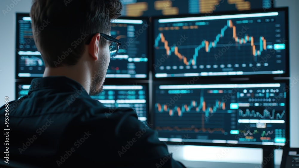 A focused individual analyzes stock market data on multiple monitors in a modern trading environment. A focused individual analyzes stock market data on multiple monitors in a modern trading environment.