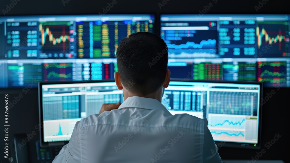 A focused trader analyzes market trends on multiple screens in a modern trading environment. A focused trader analyzes market trends on multiple screens in a modern trading environment.