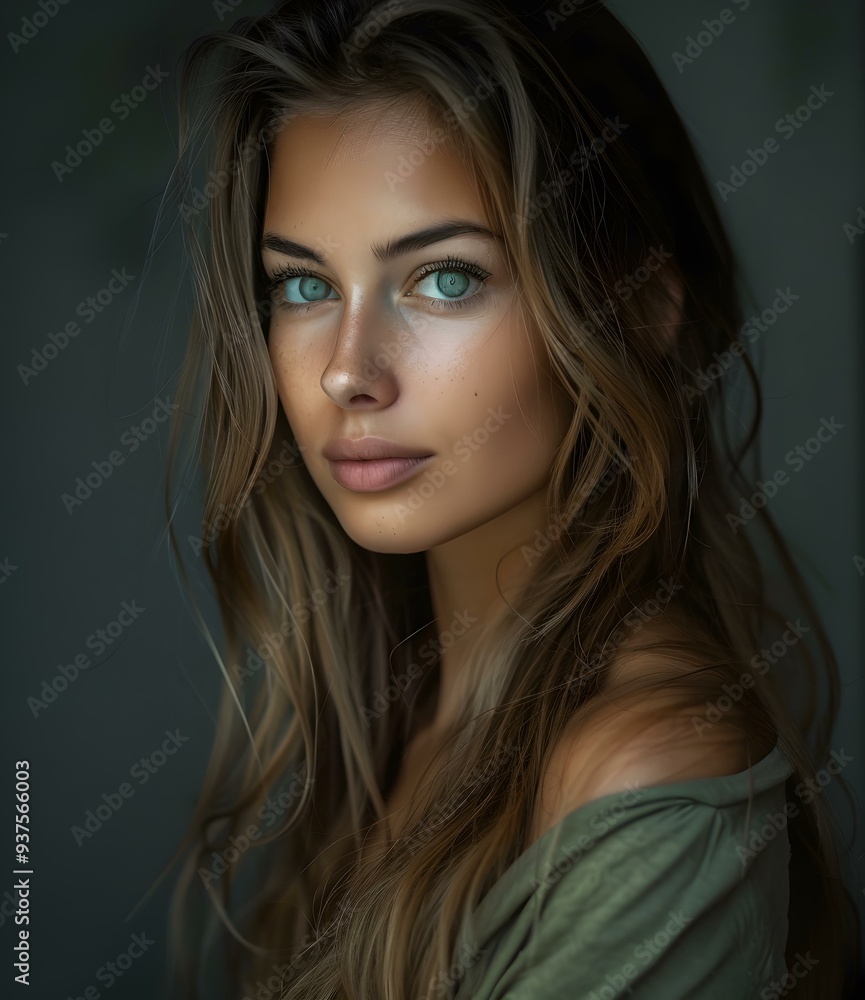 Naklejka premium Portrait of a Beautiful Young Woman with Long Blonde Hair and Blue Eyes