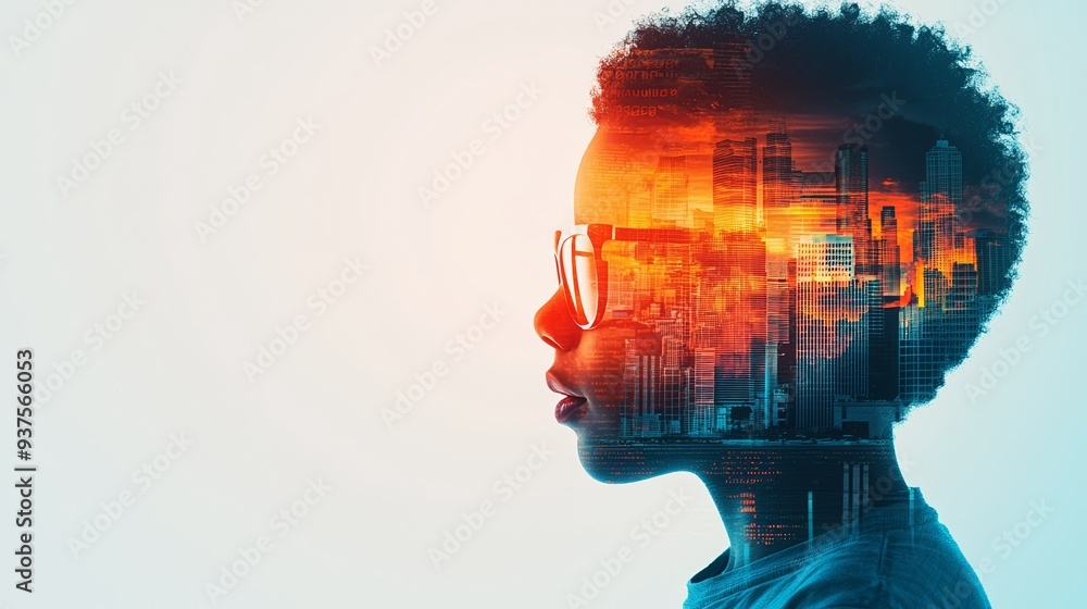 A creative double exposure of a young boy's profile, blending cityscape and sunset colors, symbolizing dreams and aspirations. A creative double exposure of a young boy's profile, blending cityscape and sunset colors, symbolizing dreams and aspirations.