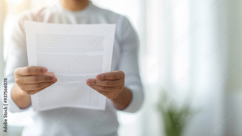 A person reading a document in a bright, modern workspace. The scene conveys focus and professionalism.