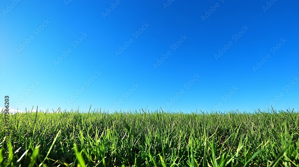 Early Morning Serene Meadow with Vast Blue Sky and Fresh Green Grass Early Morning Serene Meadow with Vast Blue Sky and Fresh Green Grass