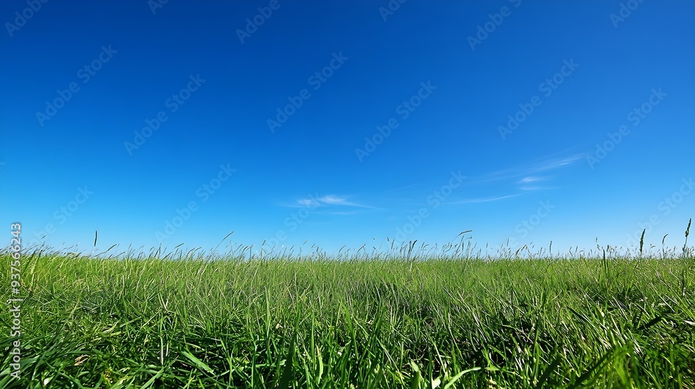 Obraz premium Early morning blue sky over lush green meadow with vast open space