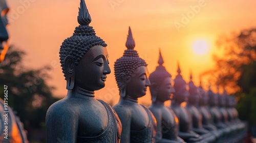 Many Statue buddha image at sunset in southen of Thailand , ai photo