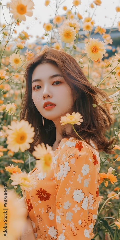 Asian Woman Standing in Field of Yellow Flowers Asian Woman Standing in Field of Yellow Flowers