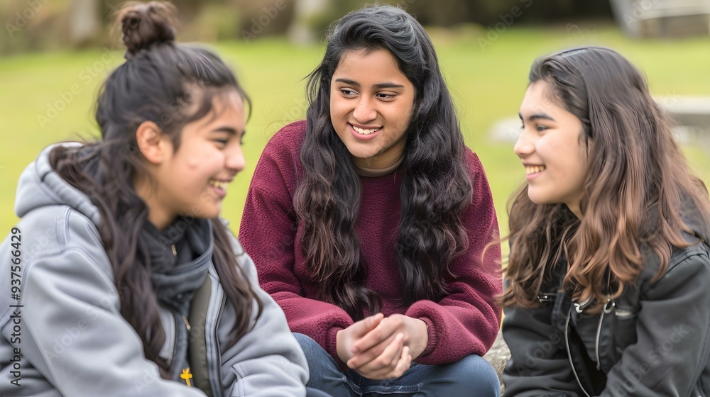 Three Friends Laughing And Talking In A Park Three Friends Laughing And Talking In A Park