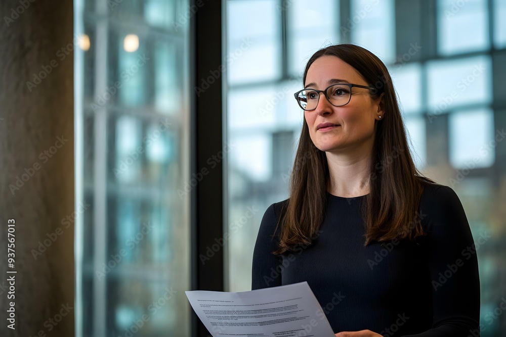 Businesswoman Holding Papers in Front of Windows Businesswoman Holding Papers in Front of Windows