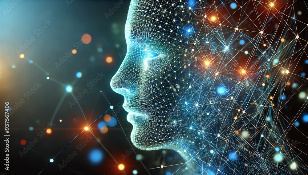 A futuristic, digital-themed image featuring the side profile of a human face made of glowing wireframe mesh A futuristic, digital-themed image featuring the side profile of a human face made of glowing wireframe mesh