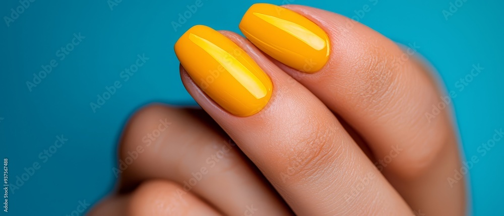 A woman's hand sporting a bright yellow manicure, each nail adorned with a matching yellow polish A woman's hand sporting a bright yellow manicure, each nail adorned with a matching yellow polish