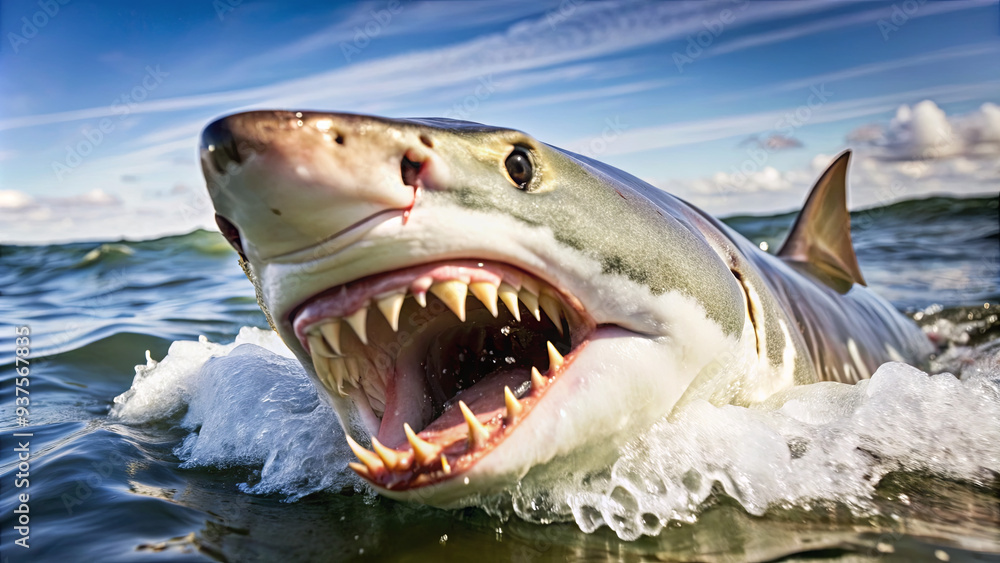 Naklejka premium This great white shark emerges dramatically from the water, displaying its sharp teeth and powerful physique beneath a sunny sky. The ocean waves crash around it, creating a thrilling marine moment