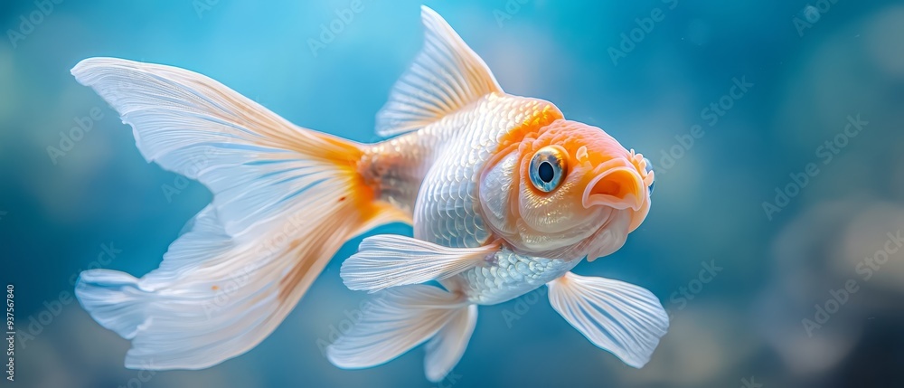 A close-up of a goldfish against a blue sky background A close-up of a goldfish against a blue sky background
