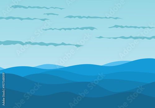 The seascape with big blue waves.
