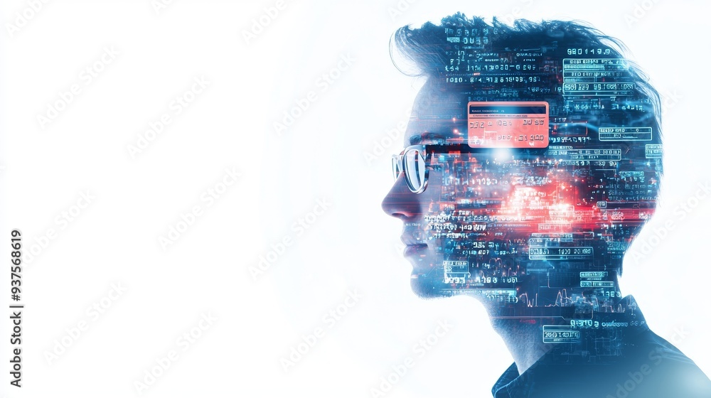 A digital double exposure of a man with glasses and code patterns, symbolizing technology and innovation in the modern age. A digital double exposure of a man with glasses and code patterns, symbolizing technology and innovation in the modern age.