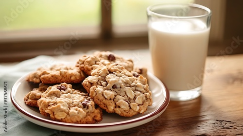 A plate of chewy oatmeal cookies with a glass of cold milk beside them.