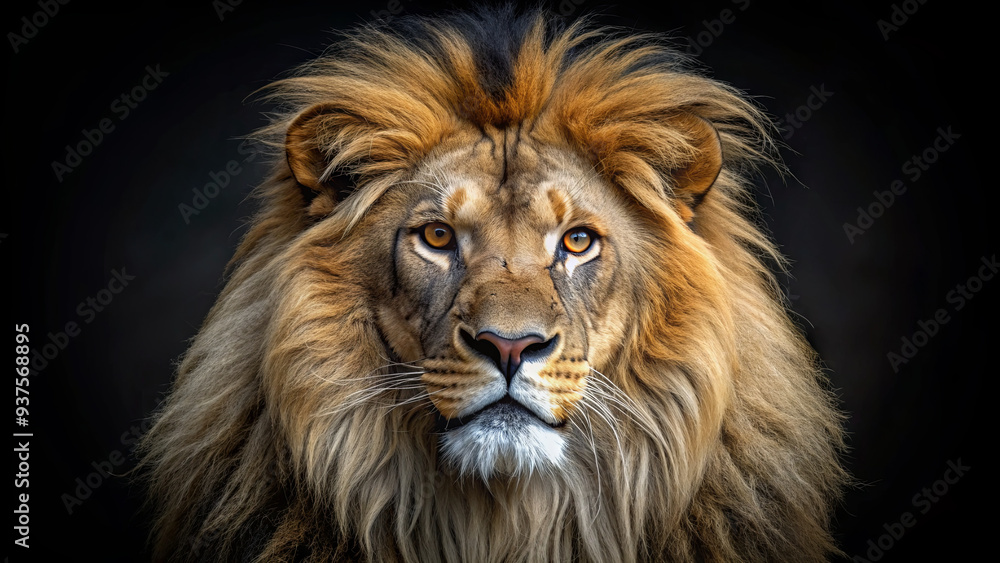 A regal lion stares directly at the viewer, its thick mane flowing elegantly. The dark backdrop emphasizes the lion's fierce and noble expression, showcasing its might A regal lion stares directly at the viewer, its thick mane flowing elegantly. The dark backdrop emphasizes the lion's fierce and noble expression, showcasing its might