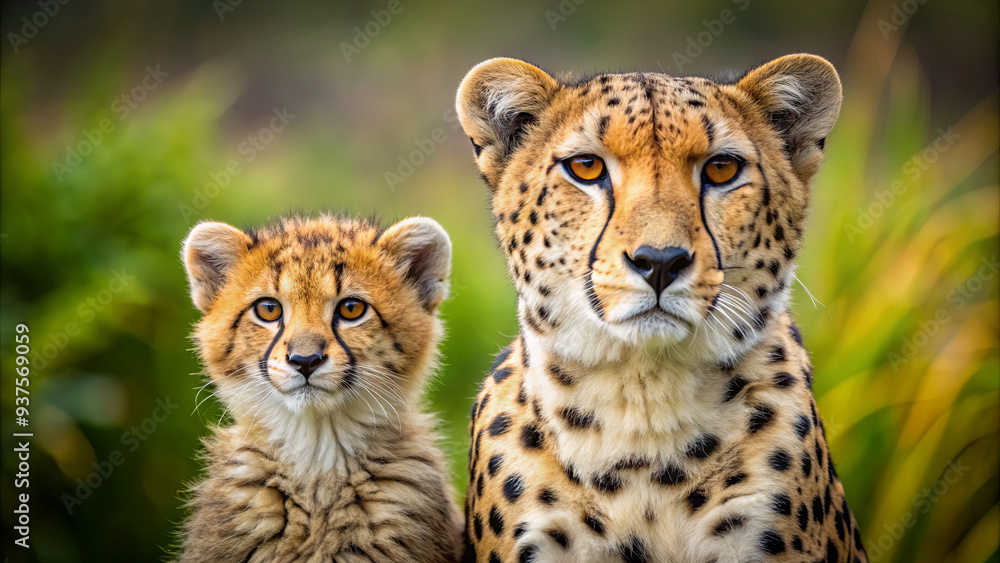A cheetah and its adorable cub sit side by side in a vibrant natural environment, showcasing their bond as they enjoy the warm sun on a serene day A cheetah and its adorable cub sit side by side in a vibrant natural environment, showcasing their bond as they enjoy the warm sun on a serene day