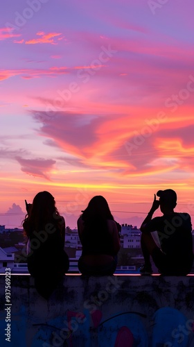 Silhouettes of three friends watching the sunset